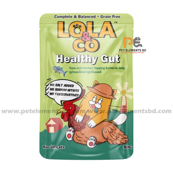 Lola & Co Healthy Gut Pouch Tuna & Chicken Topping Surimi In Jelly For All Cats 80gm