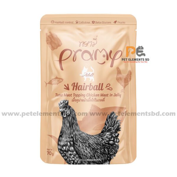 Pramy Hairball Cat Pouch Tuna Meat Topping Chicken Meat In Jelly 70gm