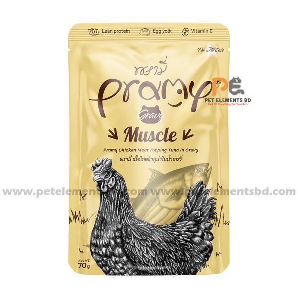 Pramy Muscle Cat Pouch Chicken Meat Topping Tuna In Gravy 70gm