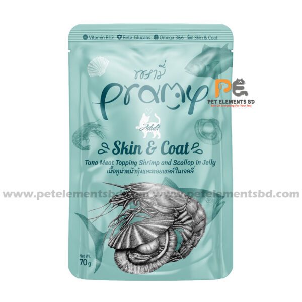 Pramy Skin & Coat Cat Pouch Tuna Meat Topping Shrimp & Scallop In Jelly 70gm